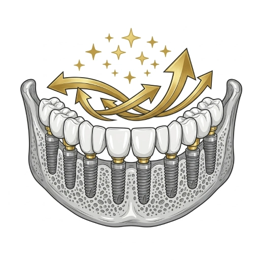 Ícone de uma arcada dentária completa suportada por implantes com setas dinâmicas, representando o sucesso e a longa duração do tratamento.