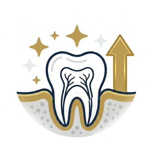 Ícone ilustrativo de um dente firme no osso com uma seta dourada para cima, representando a estabilidade dos implantes dentários.