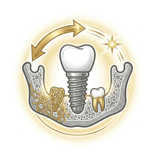 Ilustração de um implante dentário na mandíbula protegido por um escudo dourado, destacando a preservação do volume ósseo facial.